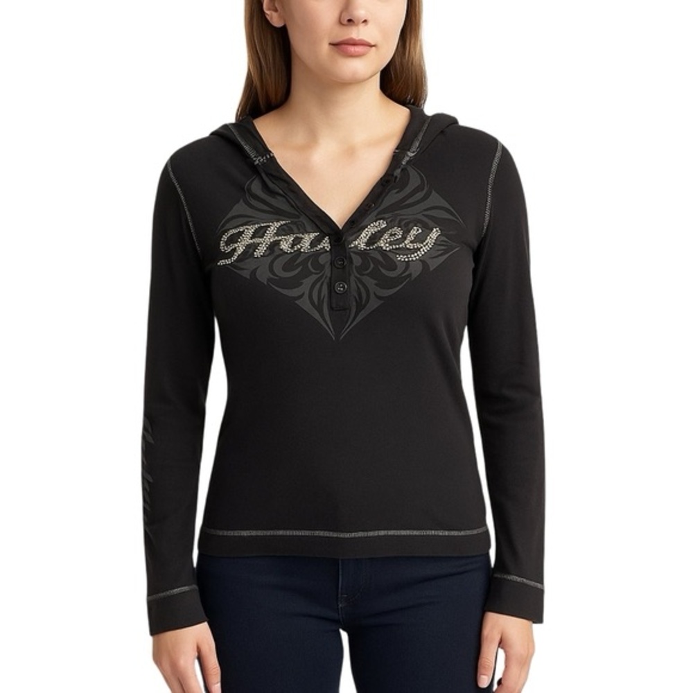 Harley Davidson Women’s Long-Sleeve Hooded Henley Top Rhinestone‎ Details